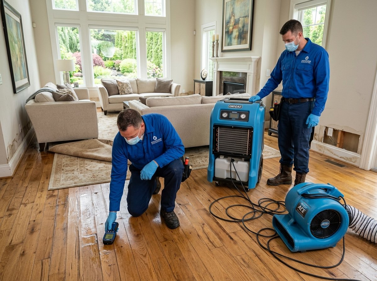 USA Water Damage Restoration Sanford - Certified Technicians Inspecting and Drying Living Room in Sanford FL